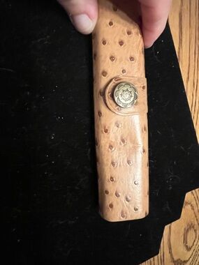 Rimless Reading Eyeglasses Unmarked Tan Leather Ostrich Case Minimalist Titanium